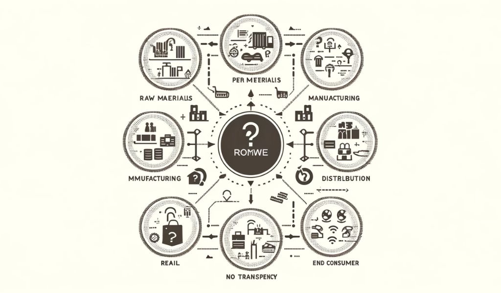 A supply chain diagram for ROMWE with no transparency. The image has a modern, minimalistic design featuring icons for raw materials, manufacturing, distribution, retail, and end consumer. Arrows connect the stages, with question marks indicating a lack of transparency at each stage. The background is clean and neutral, emphasizing the concept.