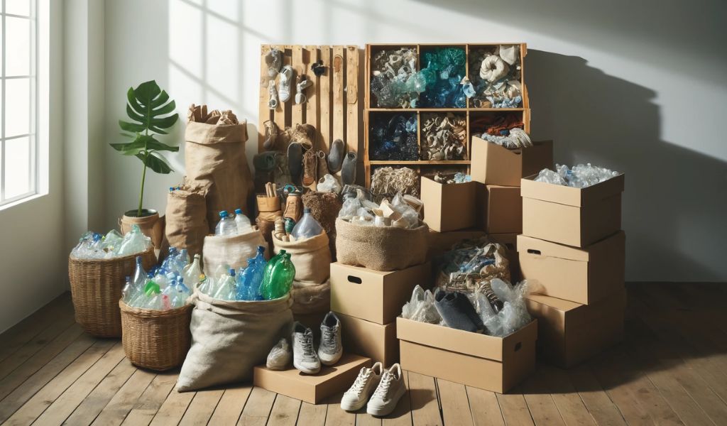 Recycled materials used in Veja products, including recycled plastic bottles, old textiles, and other eco-friendly materials, displayed in a clean, organized setting that emphasizes sustainability and recycling.

