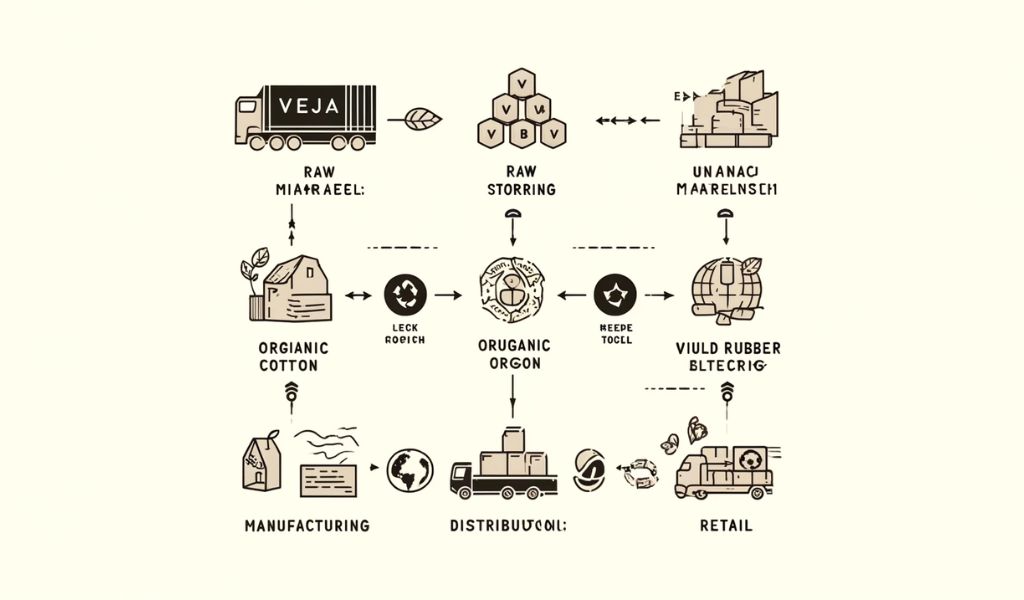 Simple illustration of the supply chain for Veja, showing key stages such as raw material sourcing, manufacturing, distribution, and retail. The image highlights eco-friendly practices at each stage, including the use of organic cotton, wild rubber, and recycled materials, with simple icons and arrows indicating the flow from one stage to the next.
