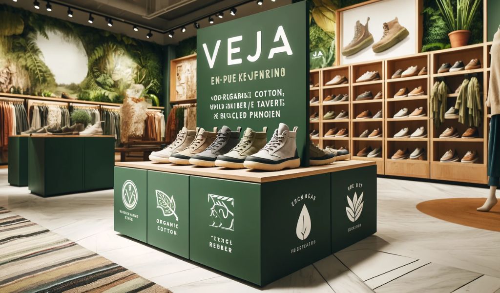 Veja shoes displayed in a store, highlighting eco-friendly materials and sustainable practices. The display features shoes made from organic cotton, wild rubber, and recycled materials, set in a clean, modern environment with green plants and eco-friendly decor.
