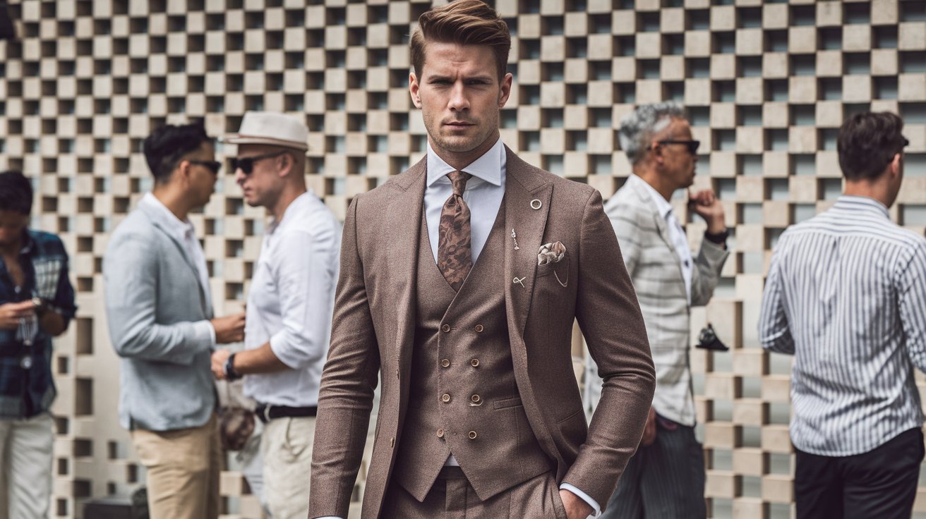 A photo of men's fashion at a weekend event. There is a man in a brown three-piece suit with a vest and a pocket square. He wears a white shirt and a brown tie with a subtle pattern. The man stands in front of a wall with a patterned texture. The background contains a few other men dressed in various styles, from casual to formal. The lighting is soft.